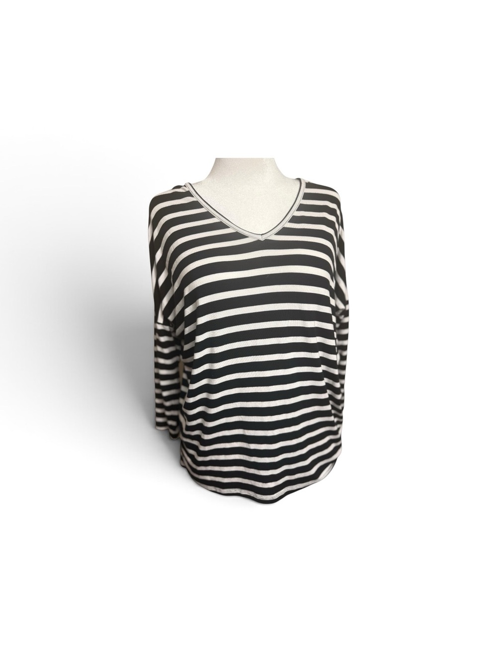 Michael Kors Black & White Striped V-Neck Long Sleeve Top zipper on back large